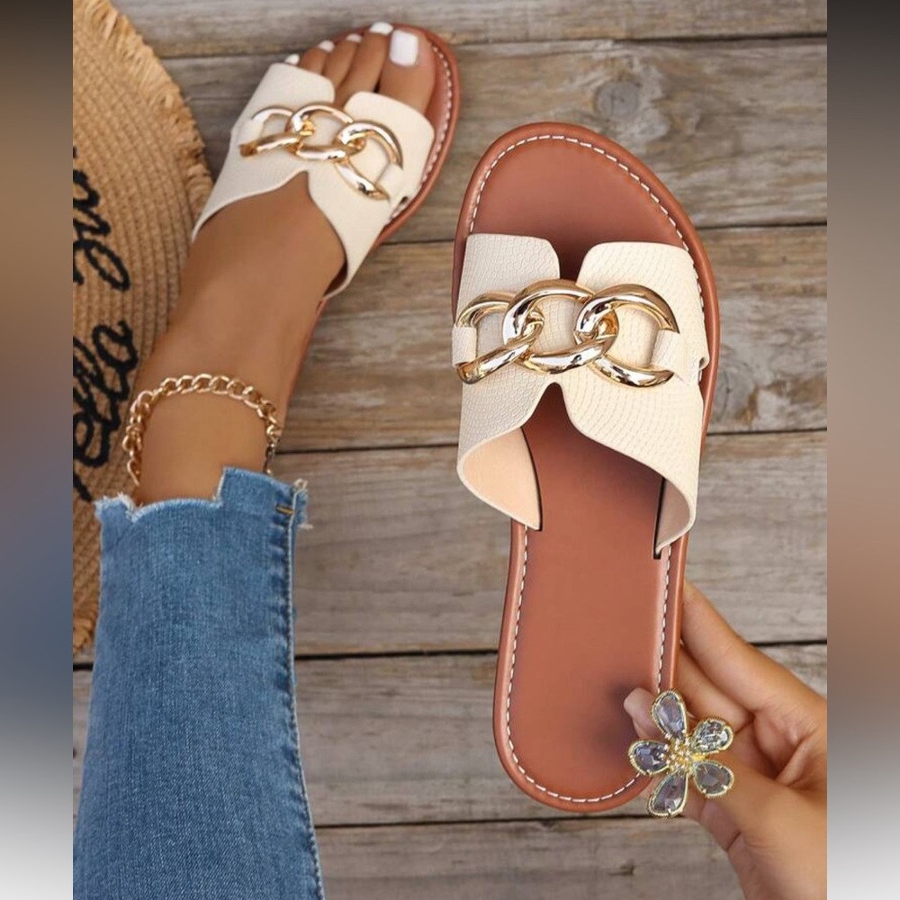 Women's Cream and Gold Chain Slide Sandals